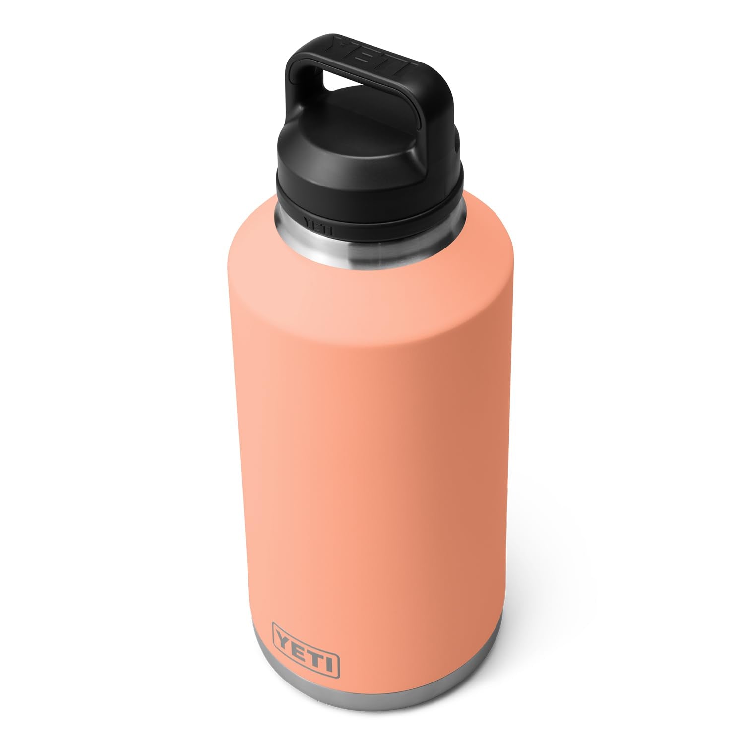 YETI Rambler 64 oz bottle, chug cap warning image, not intended for hot beverages.