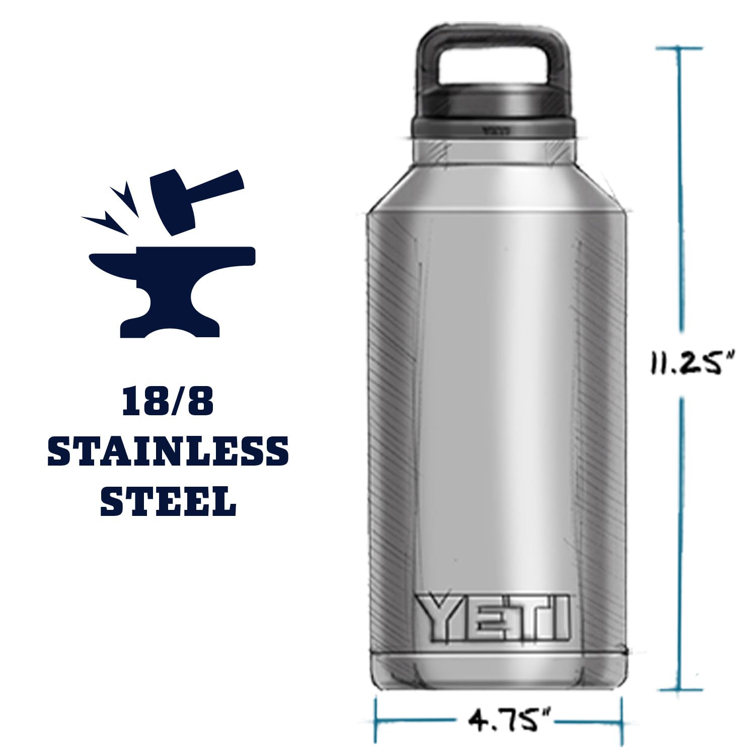 YETI Rambler 64 oz bottle, winter hiking scene, maintains cold contents for extended trips.