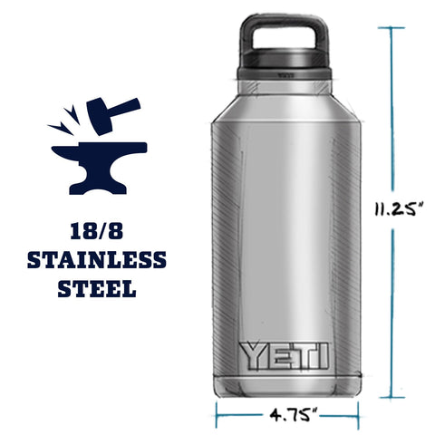 YETI Rambler 64 oz bottle, winter hiking scene, maintains cold contents for extended trips.
