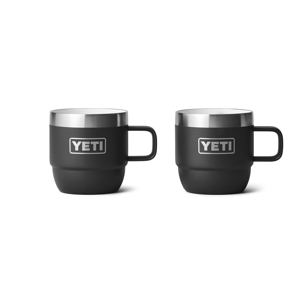 YETI Rambler 6 oz stackable mug black front view, ideal for on deck espresso