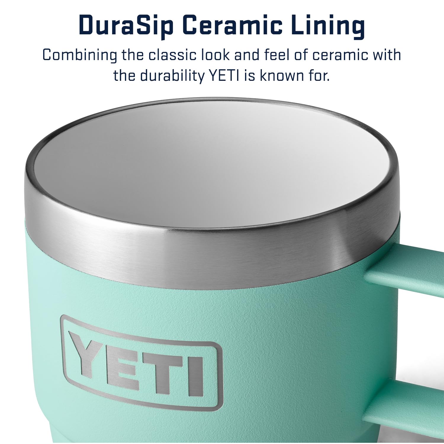 YETI Rambler 6 oz Stackable Mug seafoam close-up highlights DuraSip lining durability.