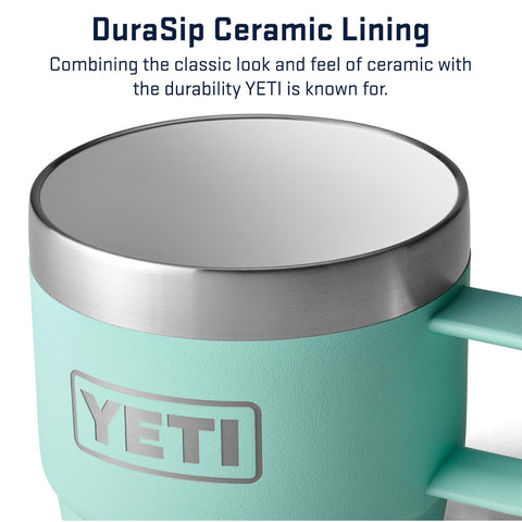 YETI Rambler 6 oz Stackable Mug seafoam close-up highlights DuraSip lining durability.