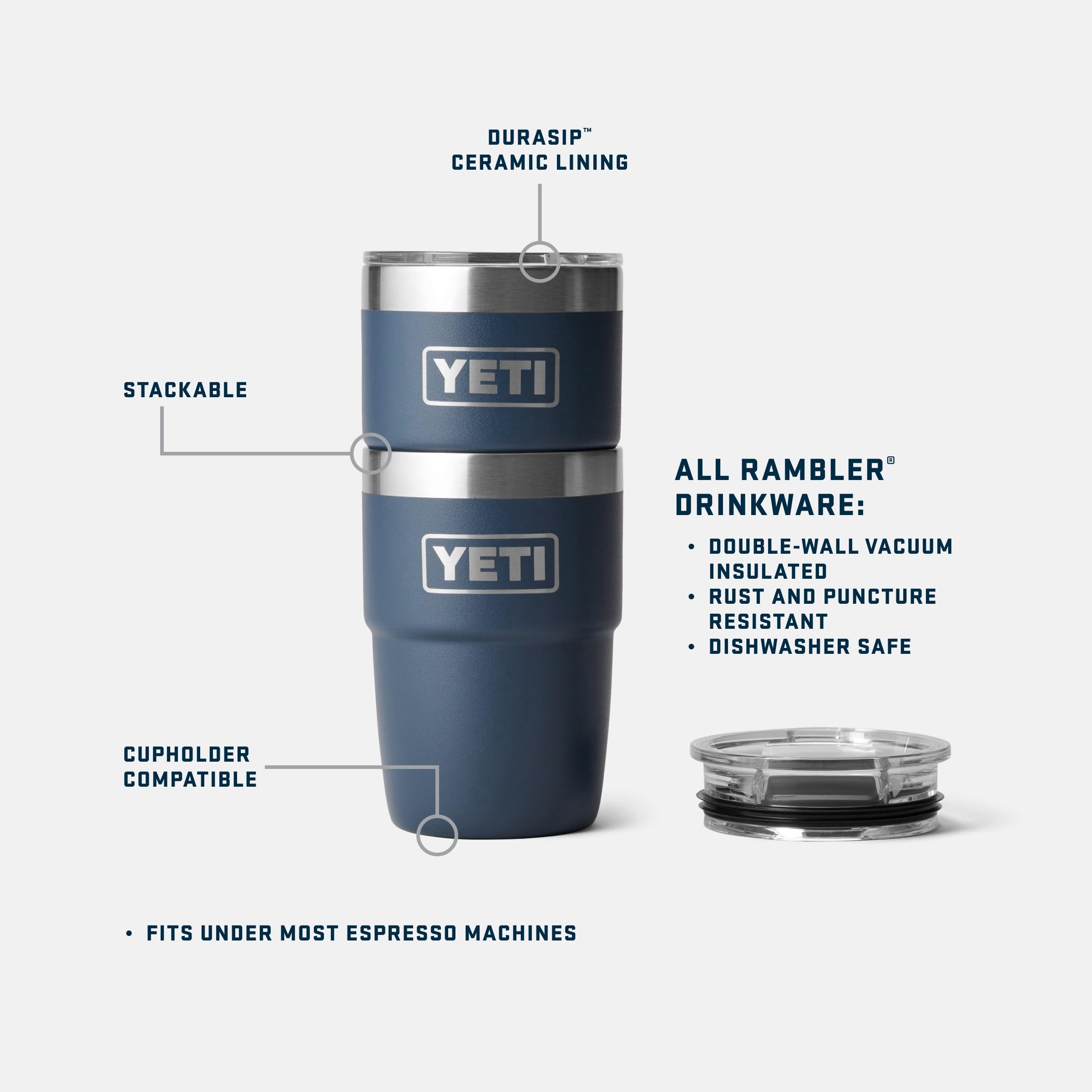 YETI Rambler 8-oz mug under an espresso machine demonstrates barista-friendly size for quick pours.