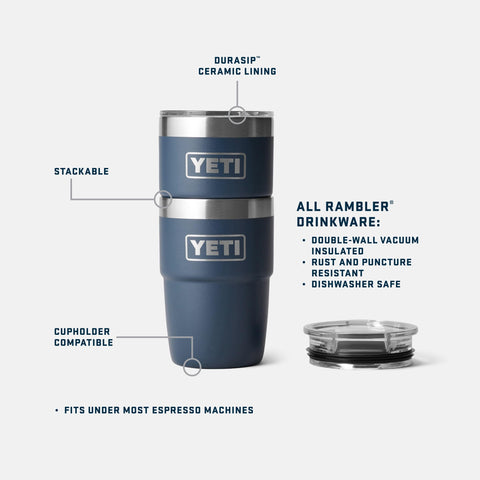 YETI Rambler 8-oz mug under an espresso machine demonstrates barista-friendly size for quick pours.