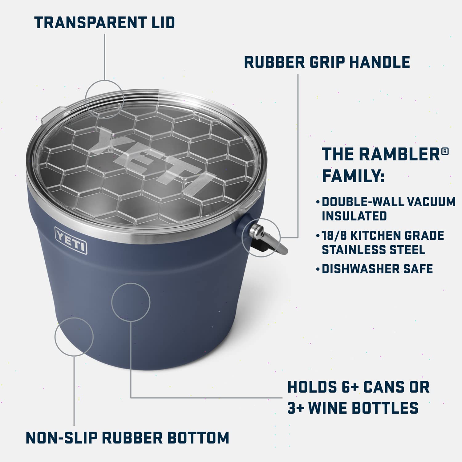 YETI Rambler Beverage Bucket built in durable stainless steel for rugged outdoor use.