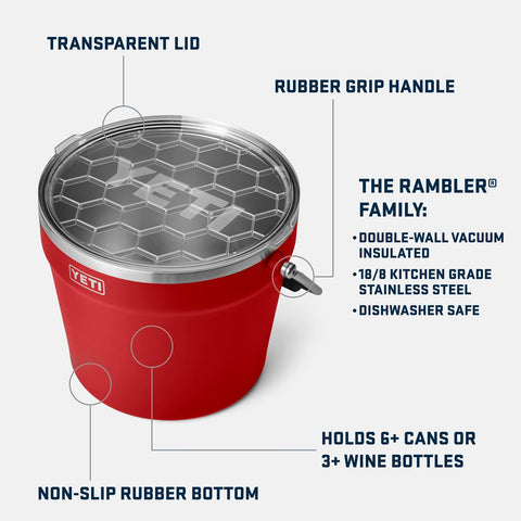 YETI Rambler Beverage Bucket filled with ice showcases double-wall insulation.