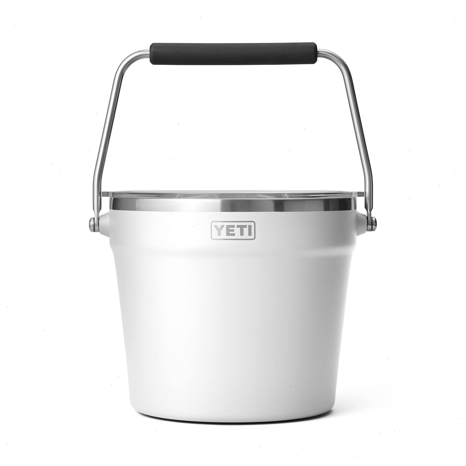 YETI Rambler Beverage Bucket with lid shows double-wall insulation for cold drinks.