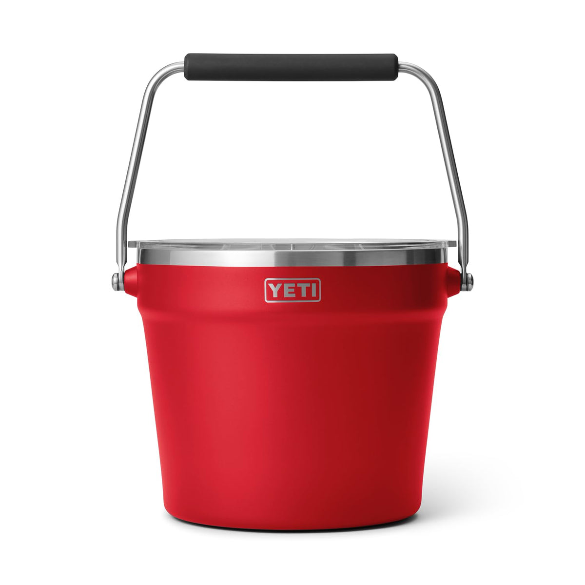 YETI Rambler Beverage Bucket with lid on keeps drinks cold outdoors.
