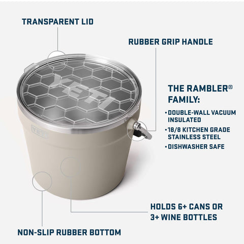 YETI Rambler Beverage Bucket lid on highlights easy access and serving.