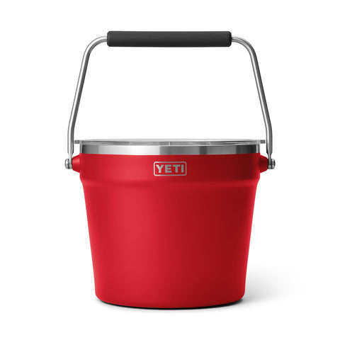 YETI Rambler Beverage Bucket with lid on keeps drinks cold outdoors.