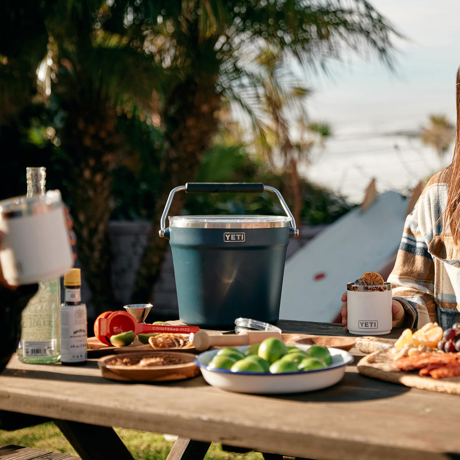 YETI Rambler Beverage Bucket Rescue Red adds rugged party-ready appeal.