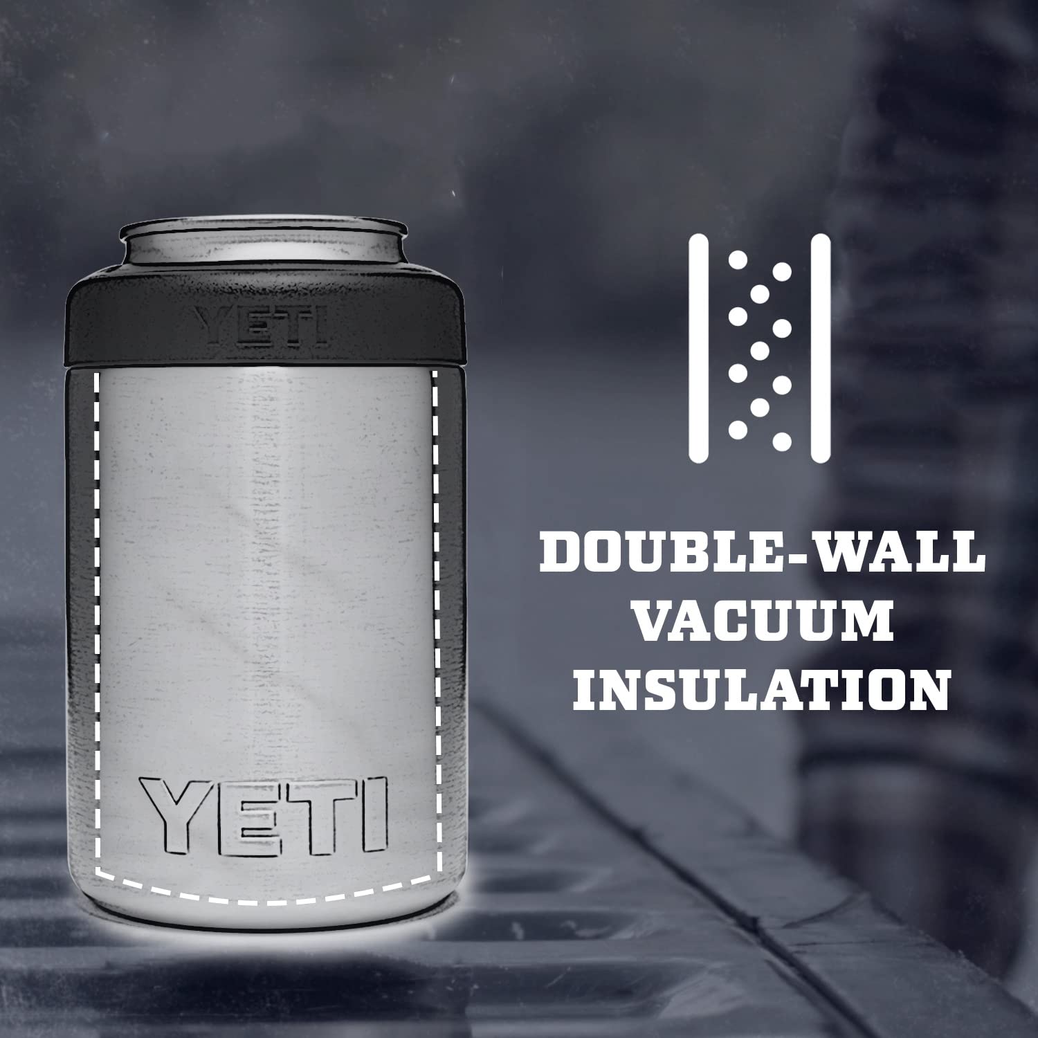 YETI Rambler Colster shows Load-and-Lock gasket for quick, secure sealing.