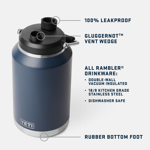 YETI Rambler Gallon Jug 2.0 vacuum insulated stainless body keeps drinks cold.
