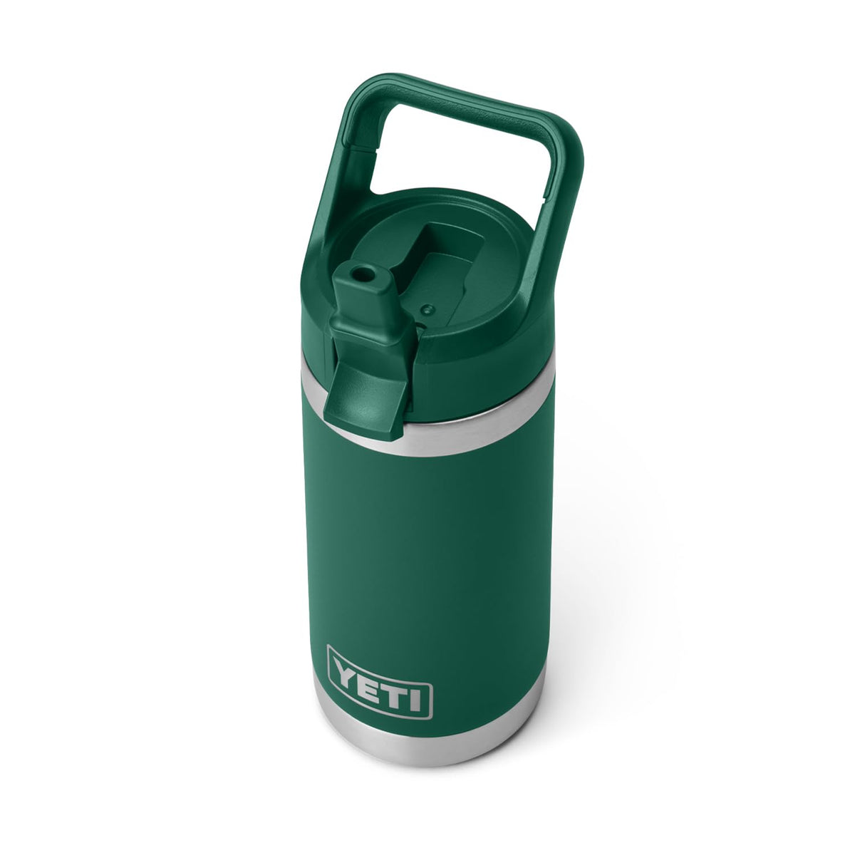 YETI Rambler Jr. 12oz bottle with straw cap in Black Forest Green, ideal for active kids.