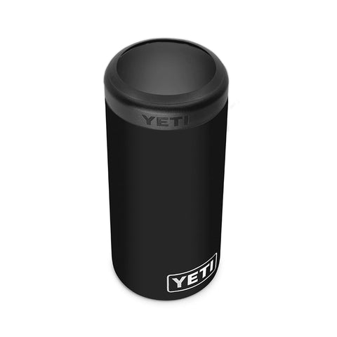YETI Rambler Slim Colster in black keeps 12 oz slim cans cold on the go