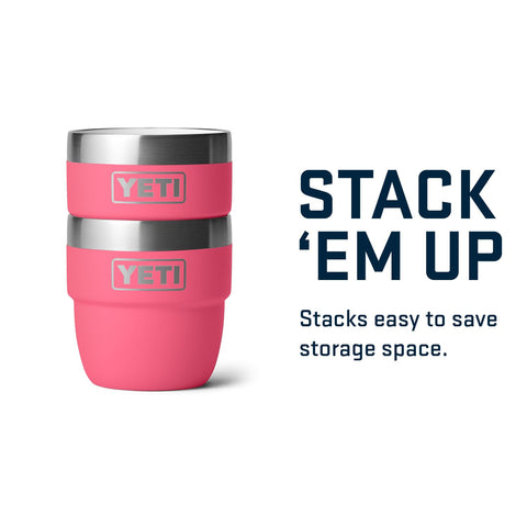 Two stackable cups shown saving space in a small kitchen.