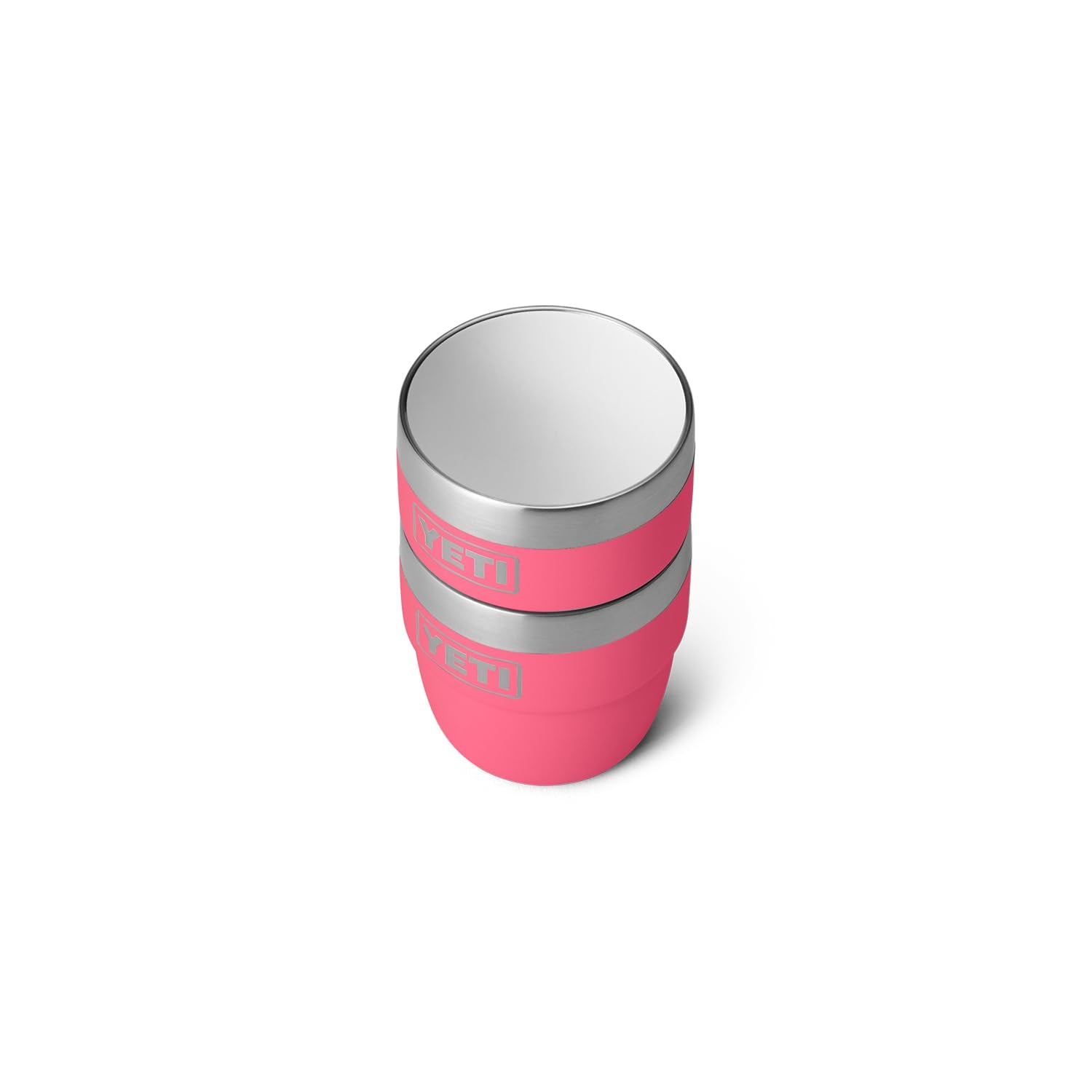 Tropical pink Rambler in travel setup for on-the-go coffee.