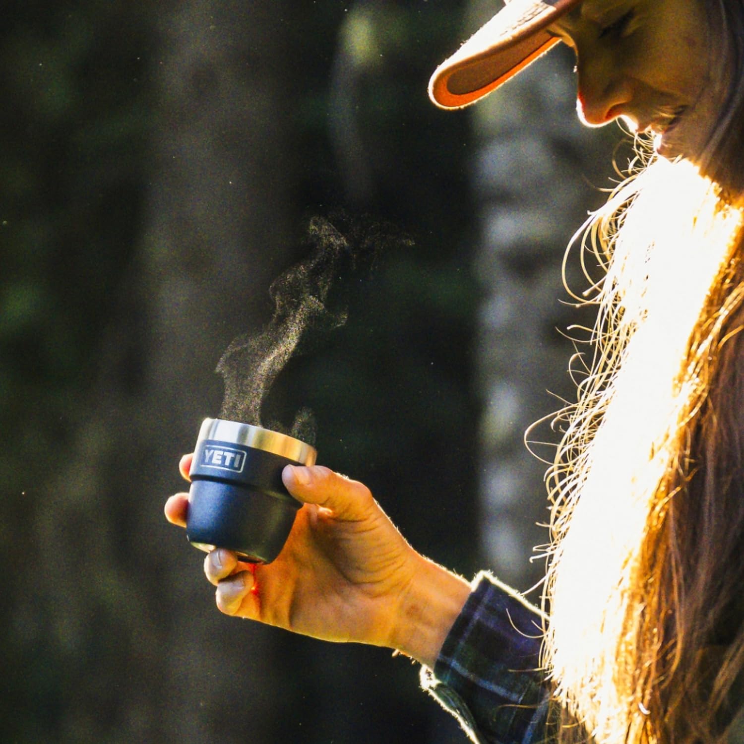 YETI Rambler stainless steel body features vacuum insulation for temperature control.