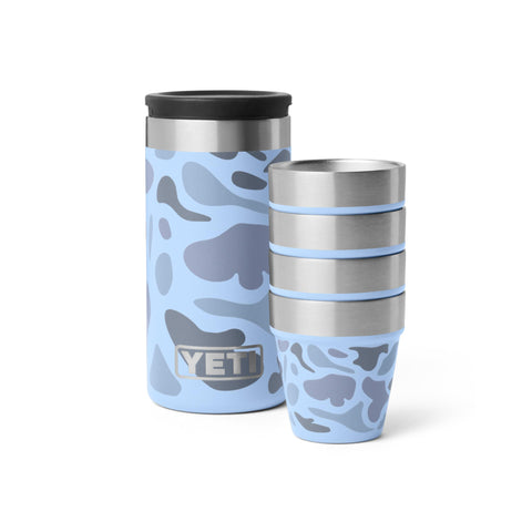 YETI shot glasses in blue camo with carrying case ideal for rugged outdoor gatherings
