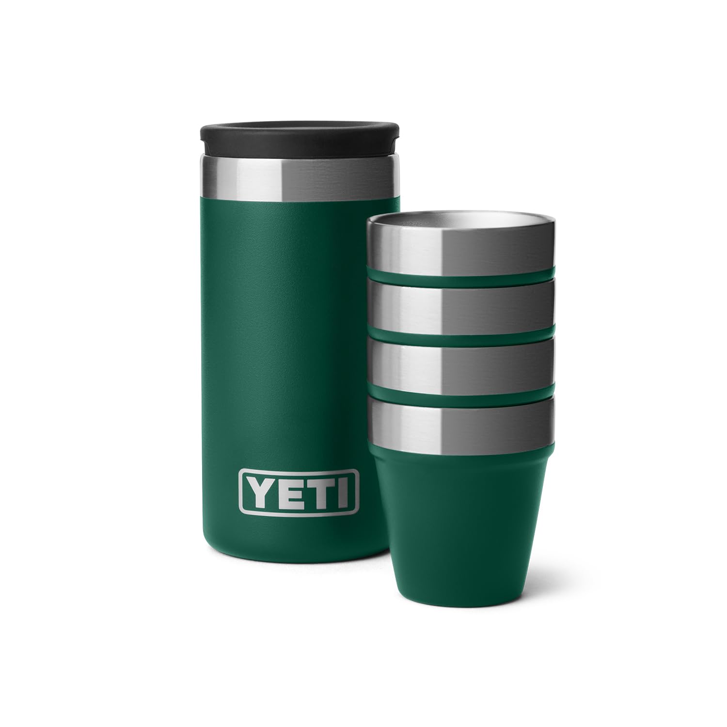 YETI shot glasses with carrying case in black forest green, four-pack, travel-ready.