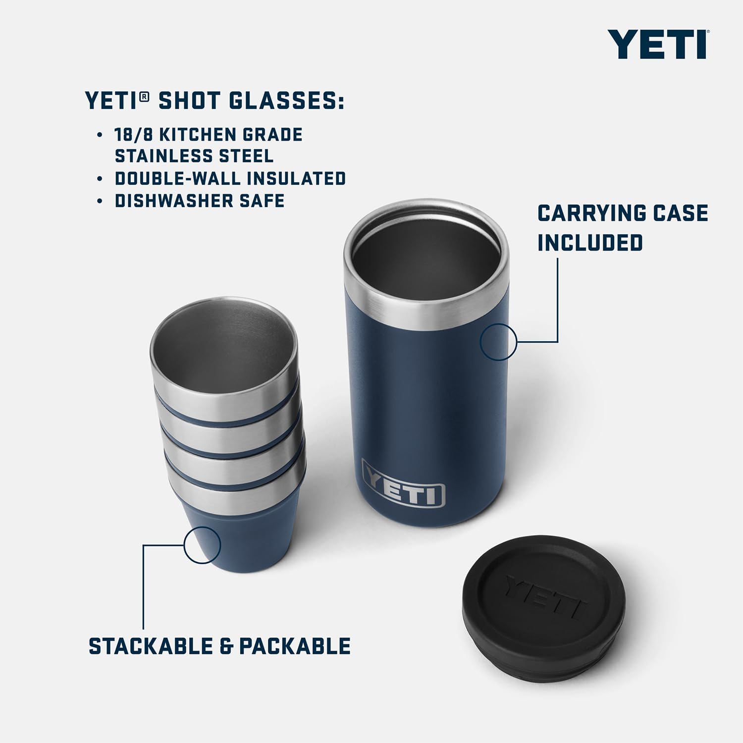 YETI shot glasses with open carrying case for quick access.