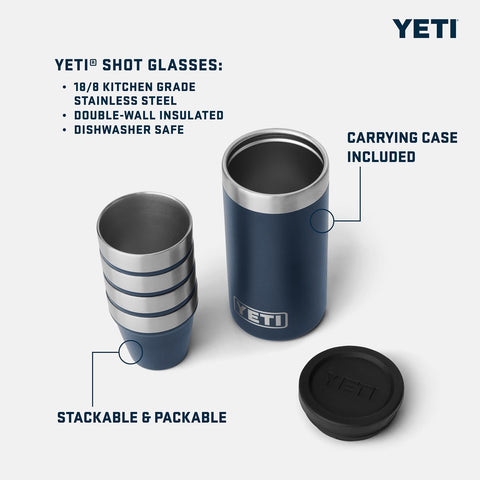 Stacked YETI shot glasses inside the fitted carrying case.