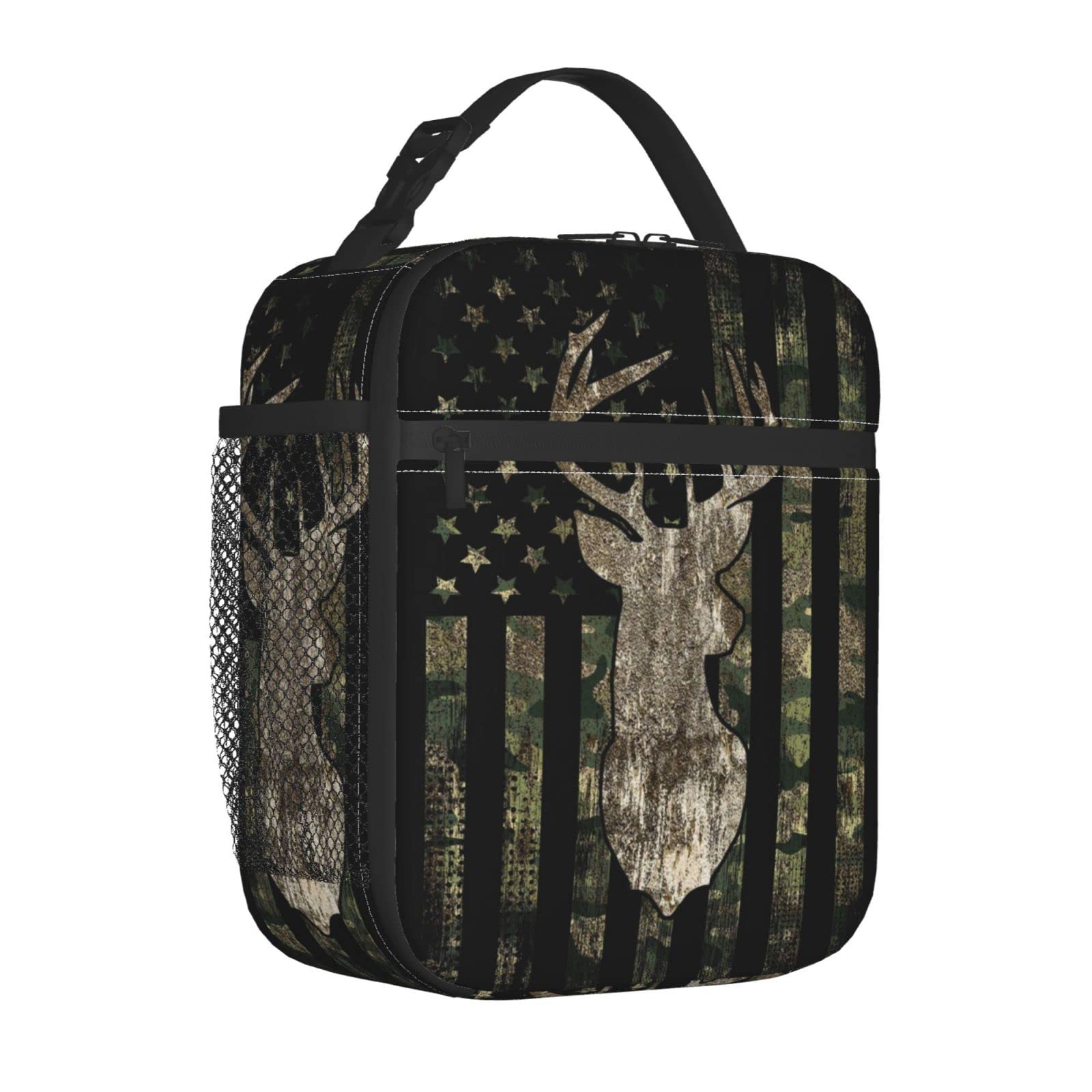 YETTA YANG camouflage lunch bag buckle strap enables hands-free carrying.