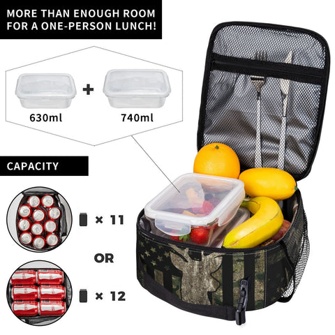 YETTA YANG camouflage lunch bag front pocket stores phone and keys securely.
