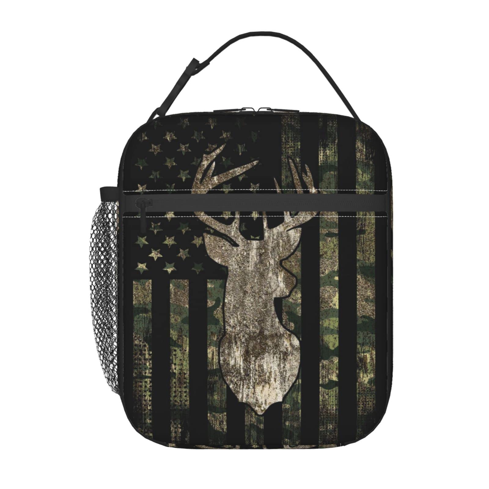 YETTA YANG camouflage lunch bag interior with zipper utensil pocket keeps organizers handy.