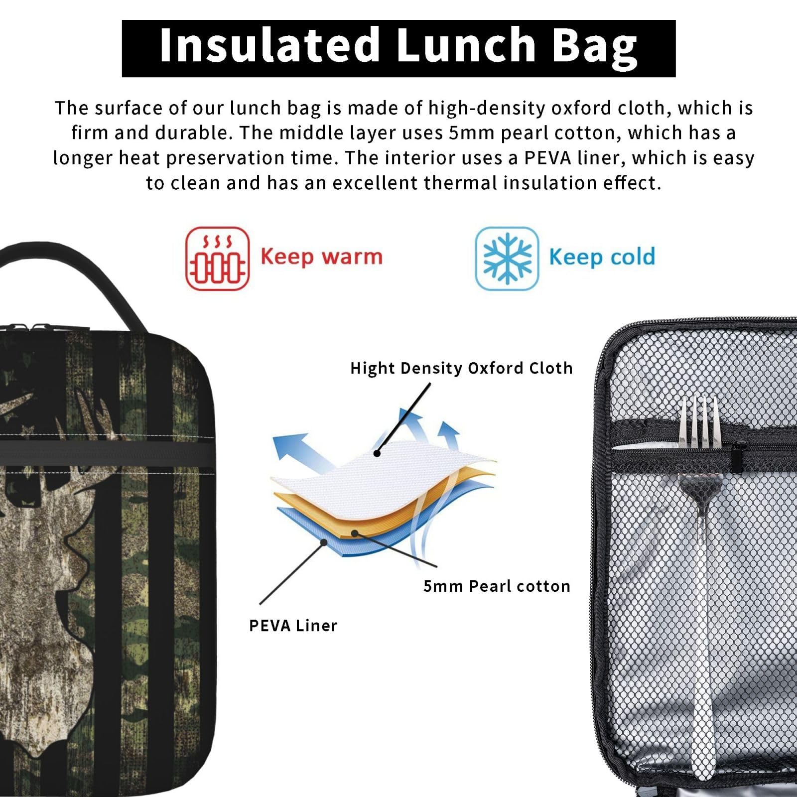 YETTA YANG camouflage lunch bag side pocket holds a drink bottle.