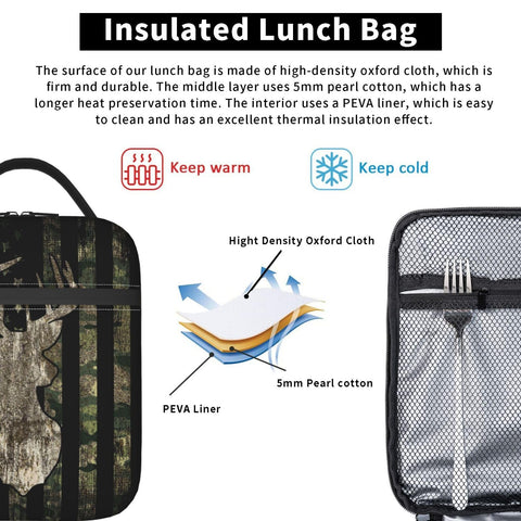 YETTA YANG camouflage lunch bag side pocket holds a drink bottle.