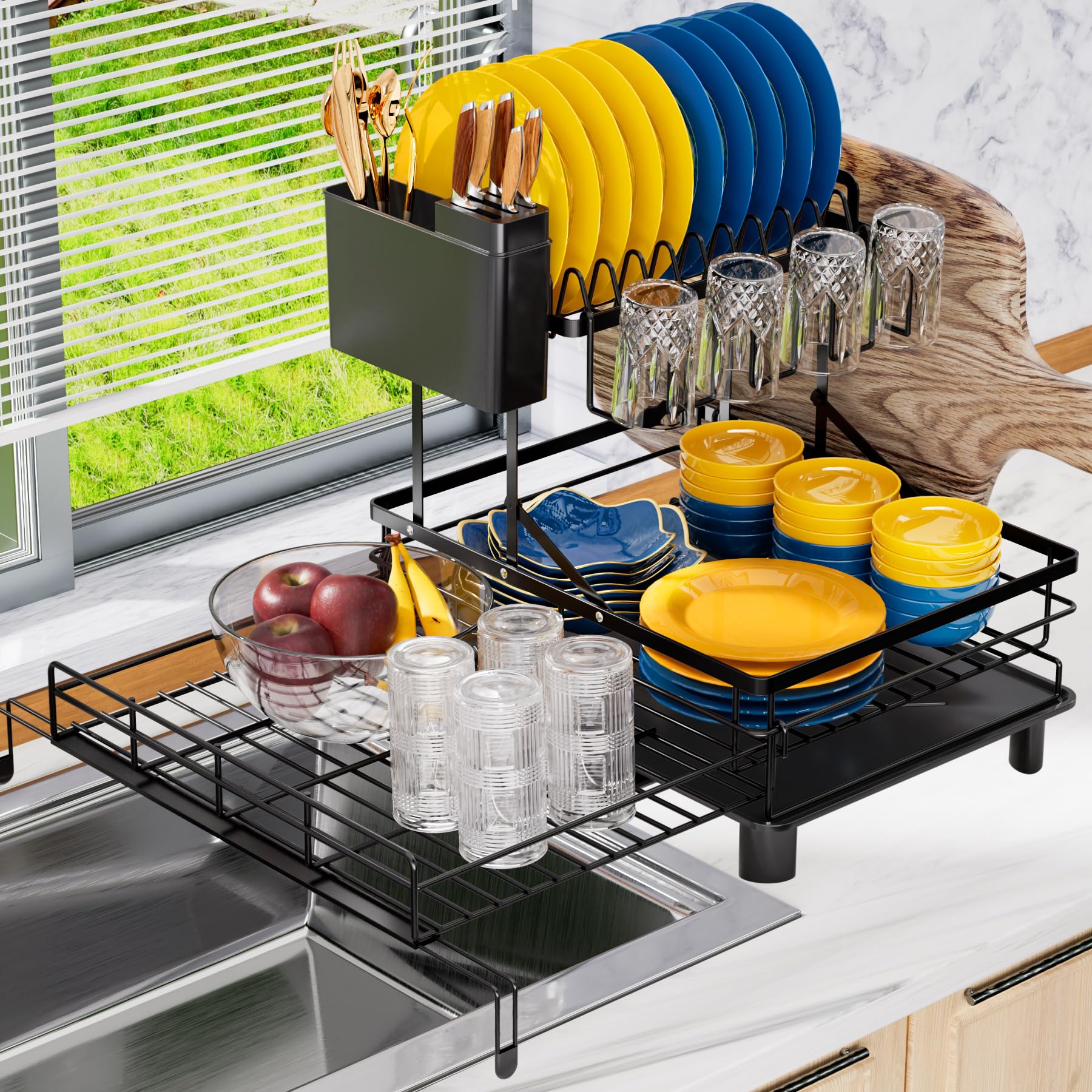 YEYPOP over-sink 2-tier dish drying rack demonstrates expanded storage and quick access