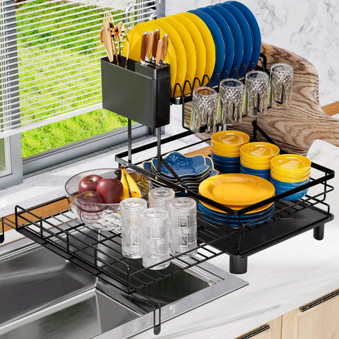 YEYPOP over-sink 2-tier dish drying rack demonstrates expanded storage and quick access