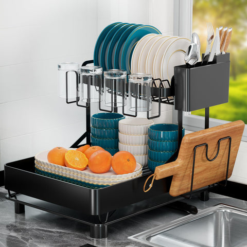 YEYPOP 2-tier dish drying rack on counter with drainboard for sturdy everyday use.