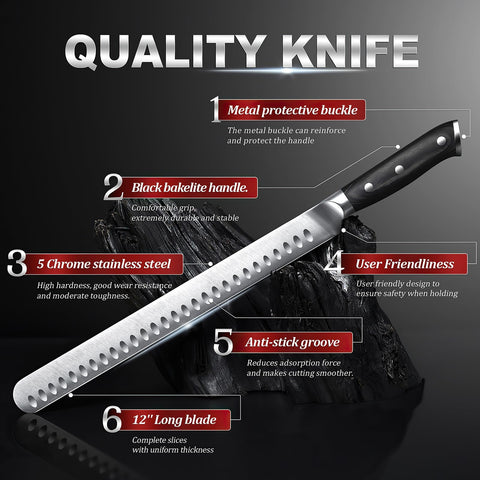 YFWOOD slicing knife grooved blade reduces sticking for cleaner slices