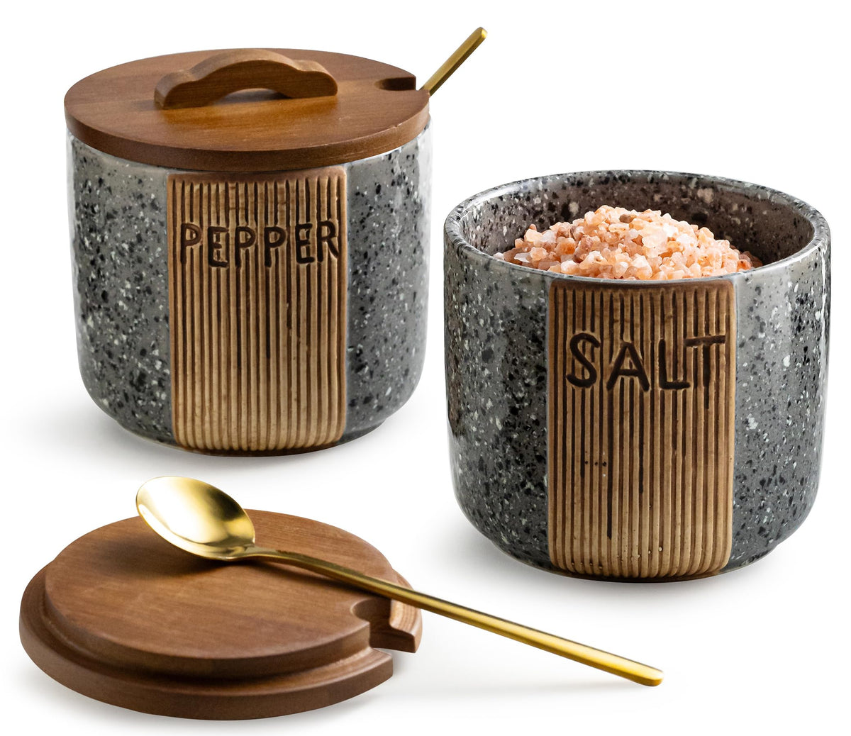 YHOJOY ceramic salt and pepper bowl with wood lid for easy seasoning.
