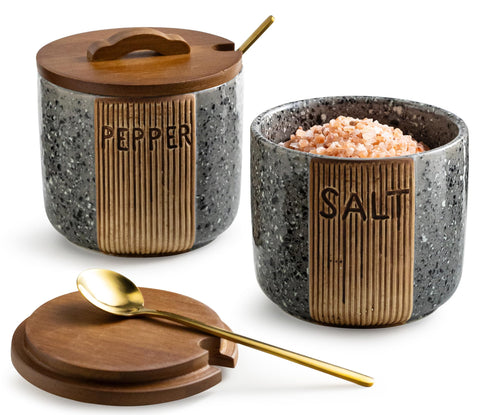 YHOJOY ceramic salt and pepper bowl with wood lid for easy seasoning.
