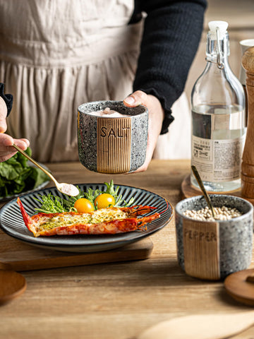 YHOJOY woodgrain embossed salt container adds rustic charm.