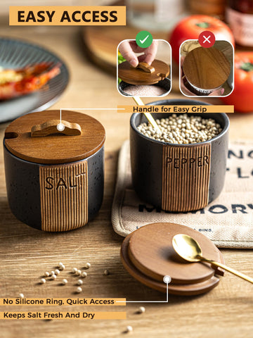 YHOJOY black salt cellar on countertop adds rustic charm and practicality.