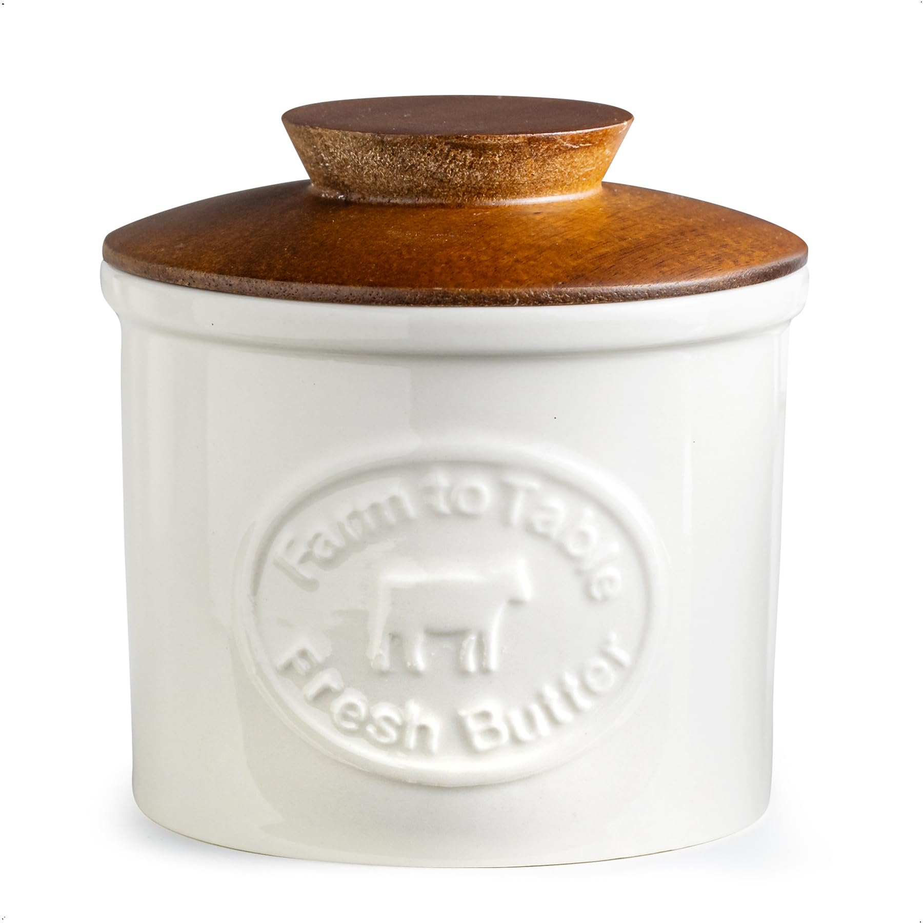 YHOJOY Butter Crock base in ceramic keeps butter ready to spread at room temperature.