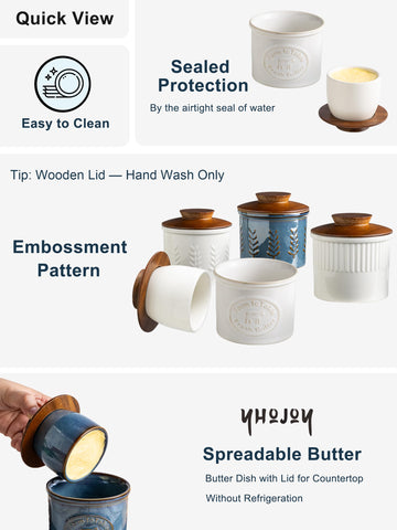 YHOJOY butter crock on counter with water-seal feature maintaining freshness.