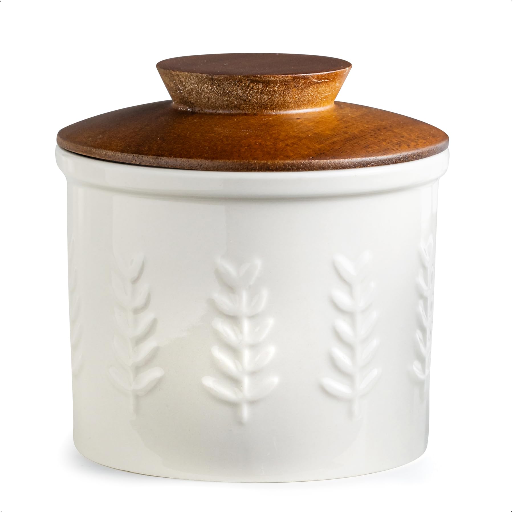 YHOJOY Butter Crock white ceramic base on the countertop for easy access