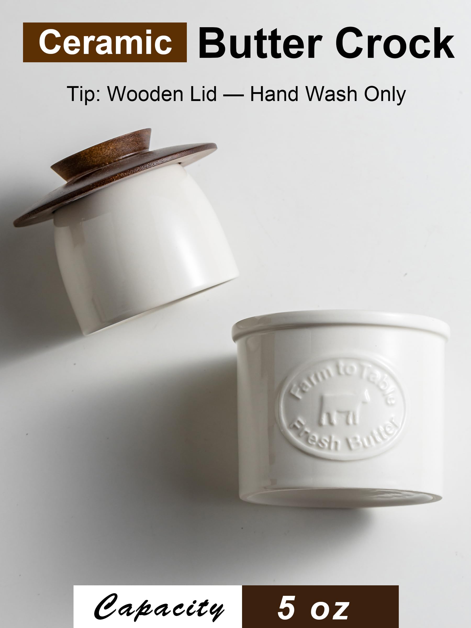YHOJOY Butter Crock wooden-lid close-up highlighting rustic farmhouse style.
