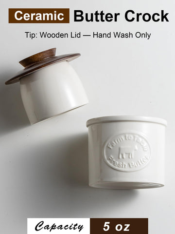 YHOJOY Butter Crock wooden-lid close-up highlighting rustic farmhouse style.