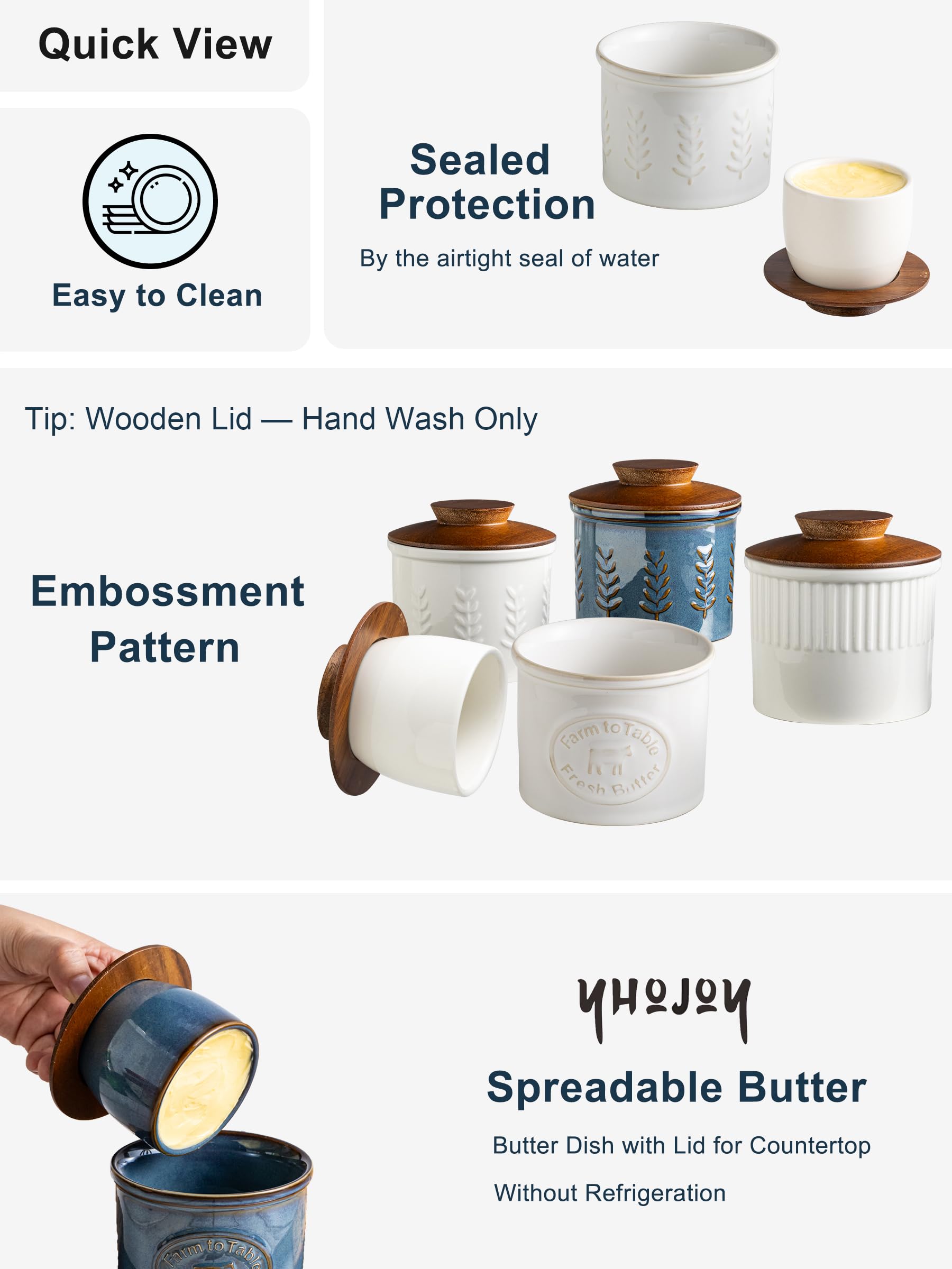 YHOJOY butter dish base features water-seal for freshness and texture.