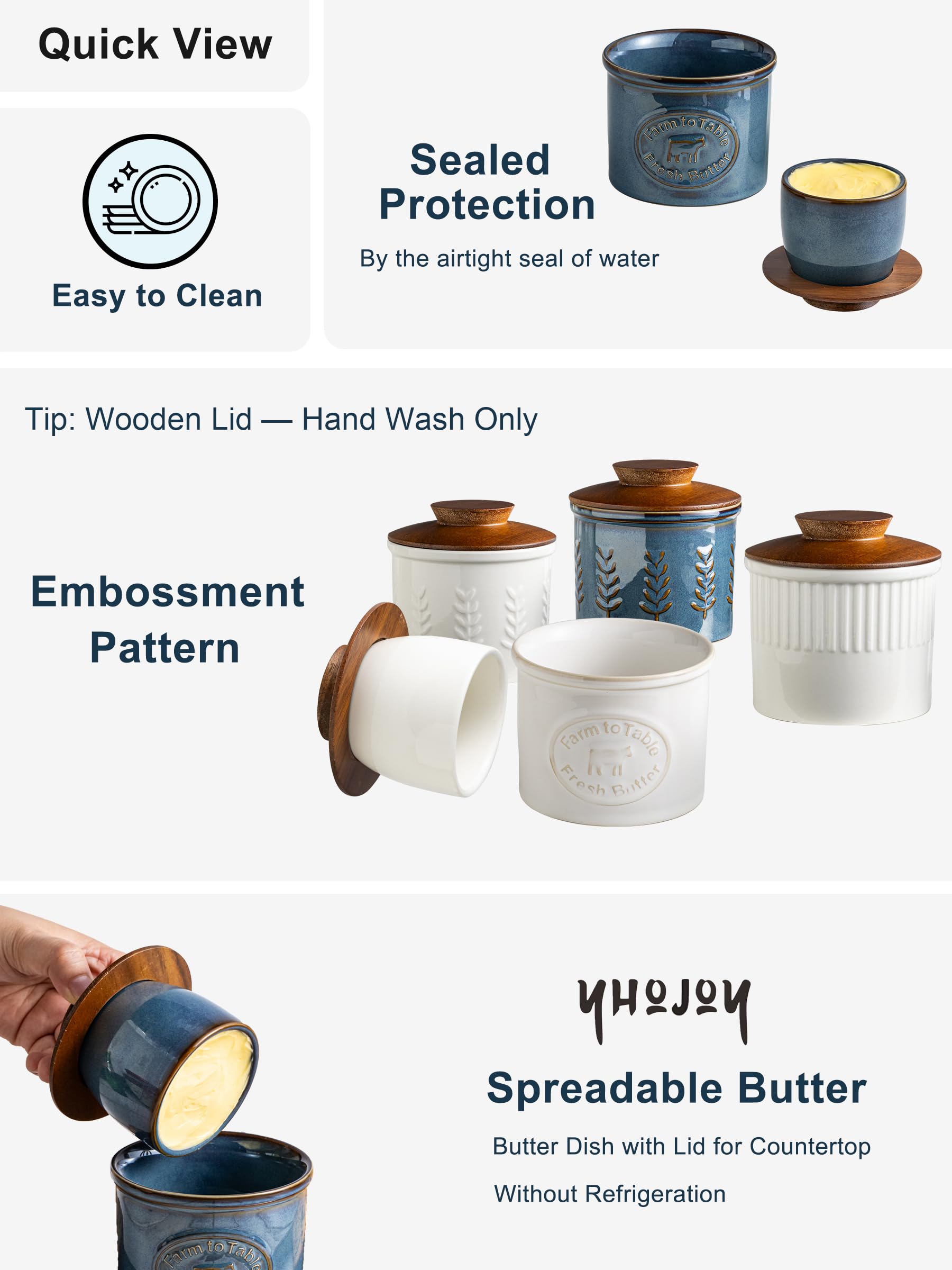 YHOJOY butter keeper on countertop keeps butter soft and ready to spread
