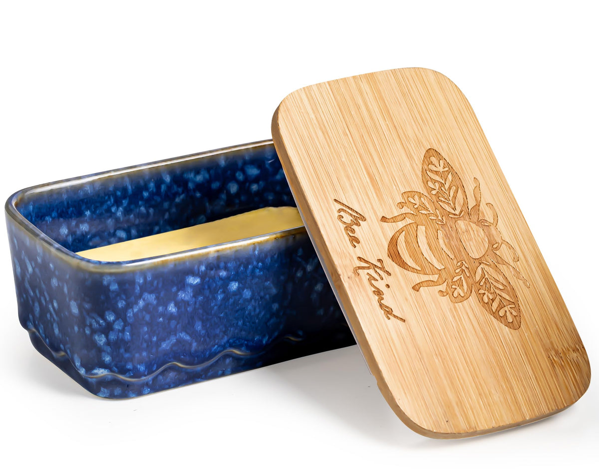 YHOJOY ceramic butter dish with blue lid on countertop and airtight design