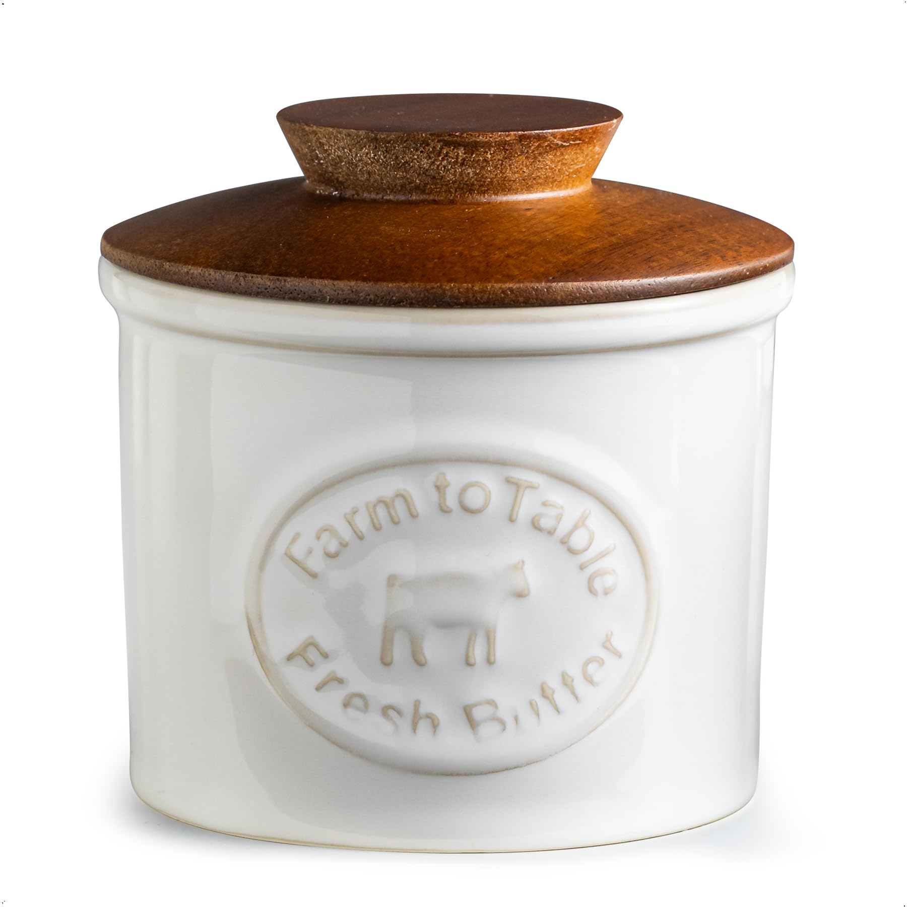 YHOJOY ceramic butter dish with lid on counter keeps butter soft and ready to spread.