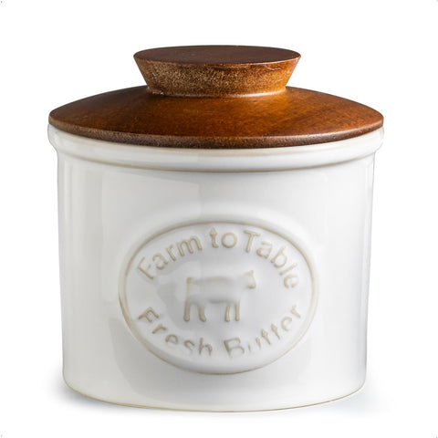 YHOJOY ceramic butter dish with lid on counter keeps butter soft and ready to spread.