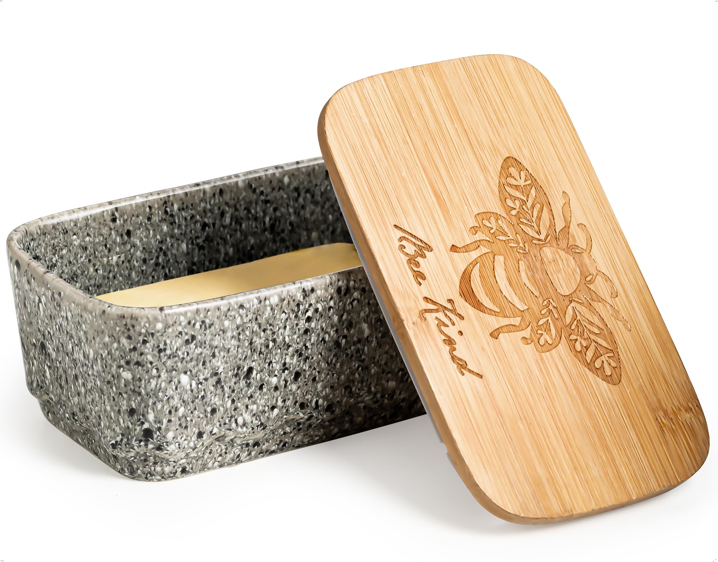 YHOJOY ceramic butter dish with lid on counter keeps butter fresh and ready to spread